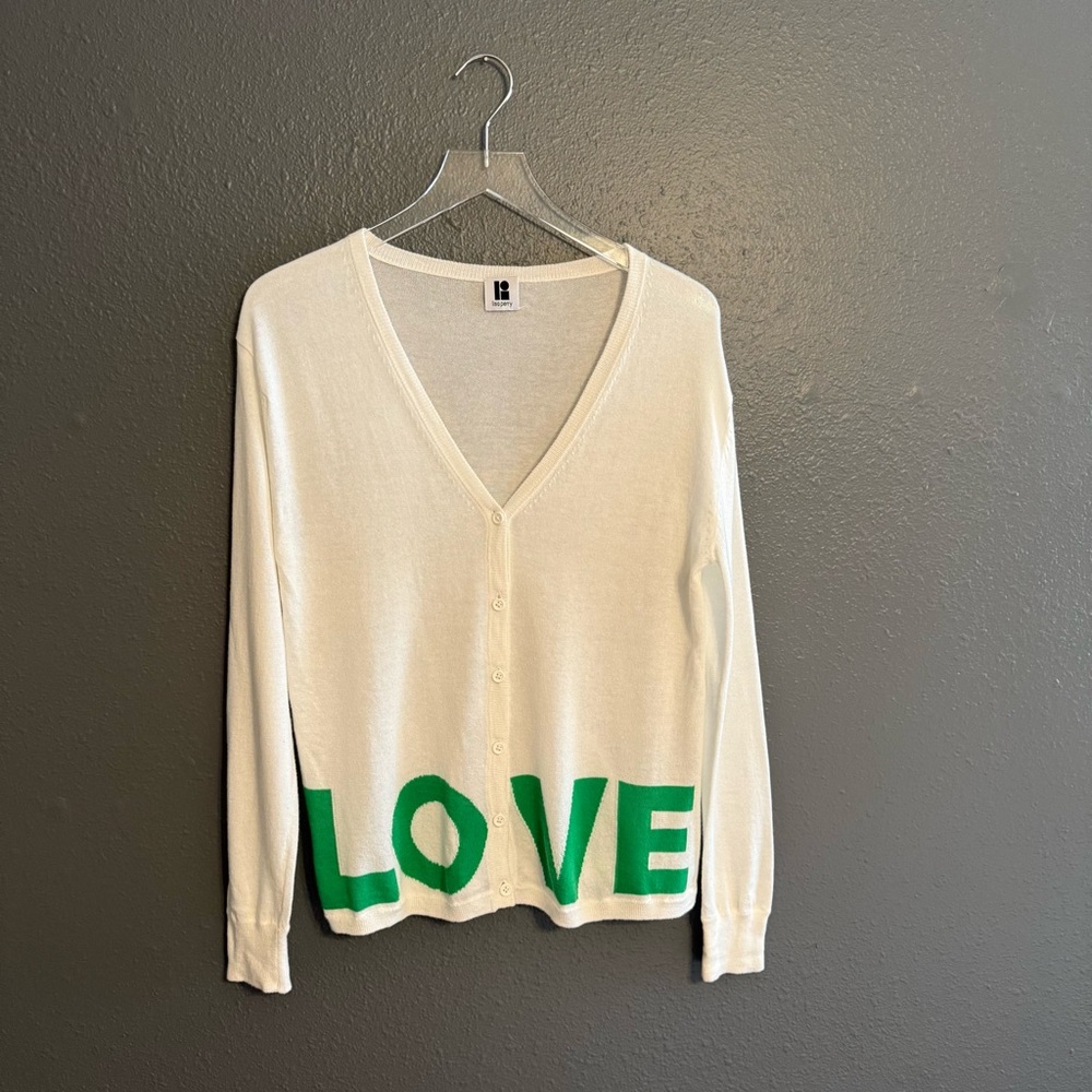 Lisa Perry Cream V-Neck Cardigan with Green "LOVE" Detail